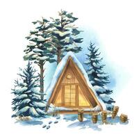 Winter landscape in the forest with a wooden triangular house, trees, snow, fence. Watercolor hand-drawn illustration. Composition of a wildlife scene isolated from the background vector
