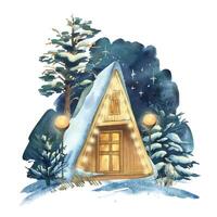 Winter landscape in the night forest with a wooden triangular house, trees, snow, lanterns. Watercolor hand-drawn illustration. Composition of a wildlife scene isolated from the background vector