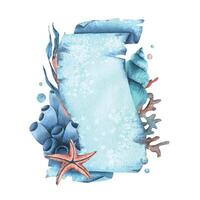 Paper banner scroll, in marine theme with underwater animals, shells, seaweed, corals, starfish and bubbles. Watercolor hand drawn illustration. Rectangular vertical frame, banner template for text vector