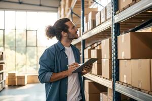 Warehouse man worker checking inventory using digital tablet and taking notes photo