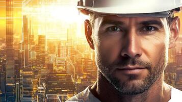Architect wearing hardhat visualizing innovative urban project at sunset photo