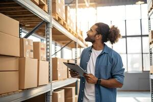 Warehouse worker checking inventory using digital tablet and looking up at shelves photo