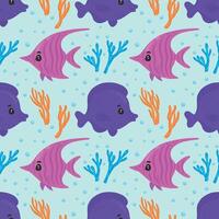 Seamless pattern with cute reef fish and corals. Funny multicolor background, marine texture. Modern illustration. vector
