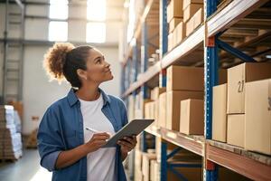 Warehouse worker checking inventory using digital tablet and taking notes photo