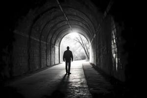 Man walking into the light at the end of dark tunnel photo