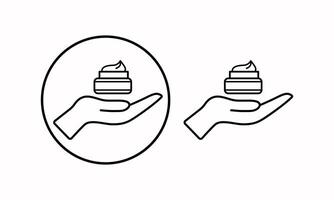 A hand holds a jar of cream, a icon. Illustration of icons for cosmetology, medicine, design of web pages and applications. vector