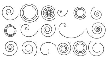 A collection of black spiral and swirl line drawings on a white background. Abstract, minimal, and geometric design with various curved and circular patterns in a simple thin line style. vector