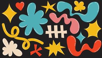 A vibrant abstract composition featuring various geometric and organic shapes on a black background. The playful design includes stars, squiggles, heart and floral elements, modern aesthetic. vector