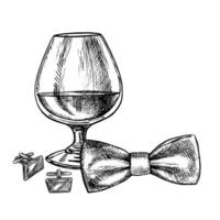 A glass of cognac. A hand-drawn graphic illustration. Black and white image of an alcoholic beverage. Separate from the background. Perfect for menus, banners, flyer, package, label, invitation vector