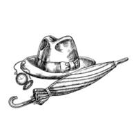Men s hat, pocket watch and umbrella cane. Hand-drawn illustration. Black and white image of a men s accessory. Separate from the background. Perfect for banners, flyers, labels, invitations. vector