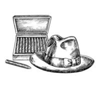A man s hat and a box of expensive cigars. A graphic illustration made by hand. Black and white image in vintage style. Separate from the background. For posters and banners, flyers, packages. vector