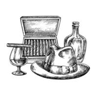 A man s hat, a box of expensive cigars and cognac. A graphic illustration made by hand. Black and white image in vintage style. Separate from the background. For posters and banners, flyers. vector