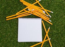 Creativeness concept with plenty of pencils and open blank notebook photo
