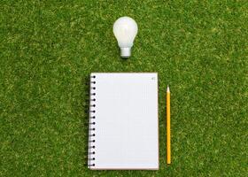 Lightbulb and blank open notepad. Having an idea concept photo