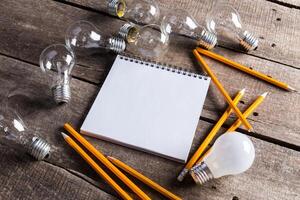 Lightbulb and blank open notepad. Having an idea concept photo