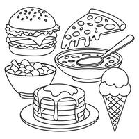 Pizza Pancake Ice Cream and Burger Coloring Page vector