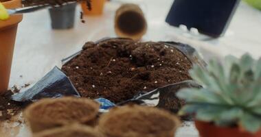 A person is using a shovel to dig soil into a pot video
