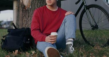 A man sitting on the ground next to a tree video