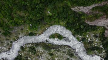 An aerial view of a river flowing through a forest video