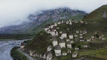 An aerial view of a village in the mountains video