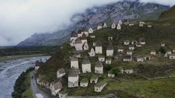 An aerial view of a village in the mountains video