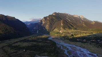 Aerial view of a valley and mountains in the mountains video