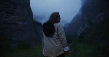 A man in a jacket standing in a mountain valley video