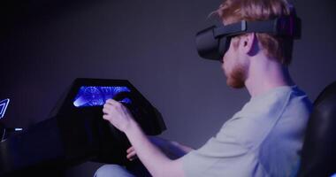 A man wearing a vr headset is driving a car video