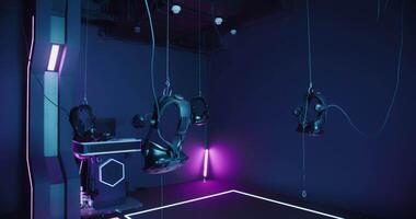 A room with purple lights and a computer video