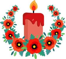 Illustration isolated red lighted memory candle, red poppies with leaves, wreath, memorial day, remember sympathize grieve honor, web design decoration vector