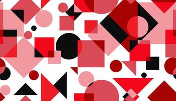 Seamless isolated geometric pattern Bauhaus style with bright circles squares triangles intersecting in red pink black on white web design background vector