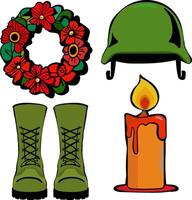 isolated elements for Memorial Day May 26 Military tribute with helmet, boots, candle and wreath of red poppies in honor of fallen soldiers and heroes, veterans vector