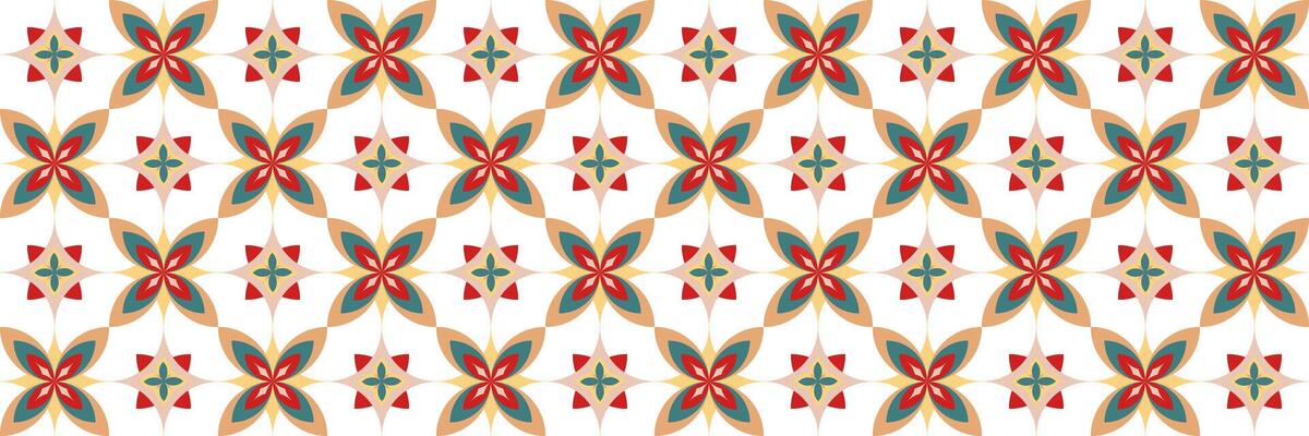 Seamless isolated floral abstract pattern with symmetrical petals in pale blue red beige colors elegant geometric design Spanish tile wallpaper textile fashion fabrics paper decor white background