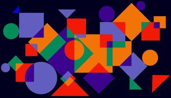 Modern abstract geometric shapes in Bauhaus style bright green blue orange red shapes overlapping circles squares and triangles on dark black background web design decorations vector