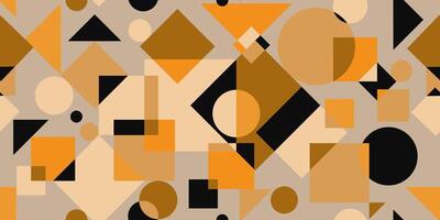 web design textile decor seamless geometric pattern in Bauhaus style with circles, squares and triangles intersecting in yellow gold beige black colors grey modern background vector