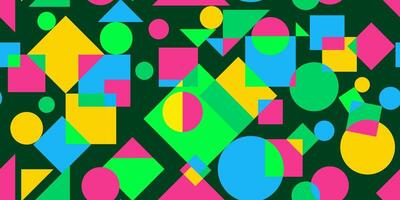 Seamless Bauhaus style geometric pattern with vibrant overlapping circles squares triangles in yellow pink green and blue on a dark background web design vector