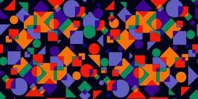 Seamless geometric bauhaus pattern bold primary bright colors circles squares triangles overlapping each other creating a dynamic abstract dark black web background textile vector