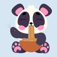Adorable panda enjoying a bowl of ramen noodles with chopsticks on a soft pastel blue background vector