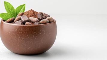 Chocolate and cocoa beans in a cup on a white background photo