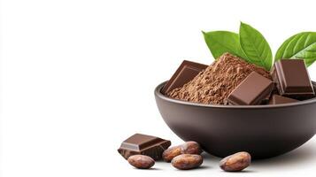 Chocolate and cocoa beans in a bowl with leaves photo