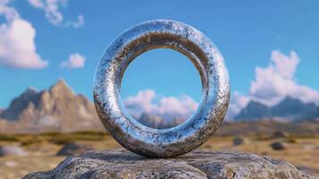 A large metal ring sitting on top of a rock photo