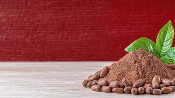 Chocolate powder and cocoa beans on a red background photo
