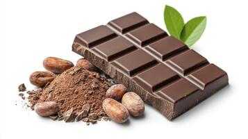 Chocolate bar and cocoa beans on white background photo