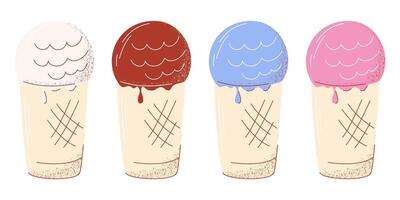 Ice cream in a waffle cup, scoops with vanilla, chocolate and berry flavors. Set of summer refreshing dairy desserts. Illustration with texture, flat trendy hand drawn style. Isolated background vector