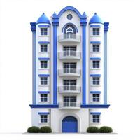 A blue and white building with balconies on the top photo
