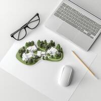 3d rendering of a house and a laptop on a desk with a mouse and glasses photo