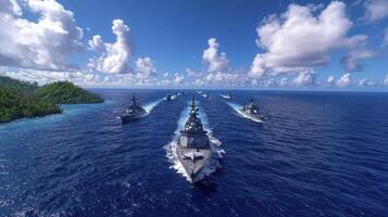 A group of military ships in the ocean photo
