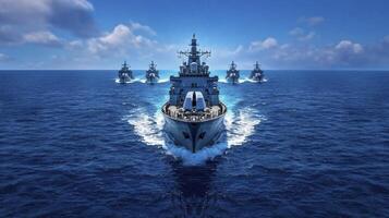 A large group of military ships in the ocean photo