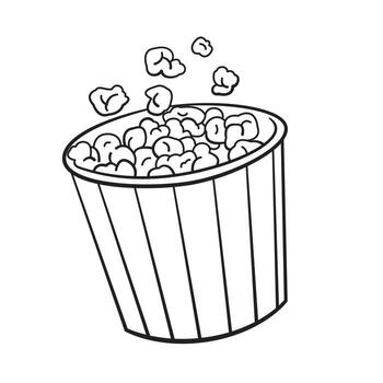 Line drawing of a popcorn bucket with kernels popping out. vector