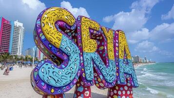 A colorful sign on the beach with a city in the background photo